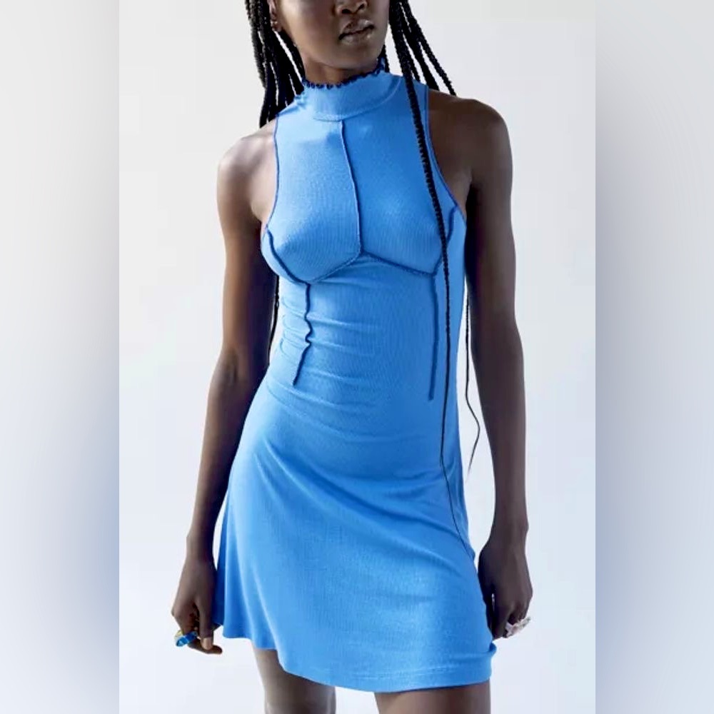 NWT UO Y2K Lettuce Edge Contrast Stitch Ribbed Stretchy Mock Neck Dress
